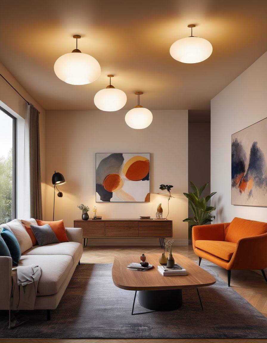 A modern living room illuminated by stylish, innovative lighting fixtures that create a warm ambiance. Showcase an array of unique lamps, pendant lights, and smart lighting solutions, combined with soft shadows and cozy decor. Include elements of energy-efficient power solutions subtly integrated within the design. Aim for a sleek, contemporary aesthetic with vibrant colors and dynamic lighting effects. super-realistic. vibrant colors.