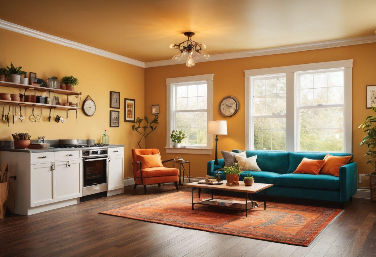 A cozy home interior showcasing a well-lit and safe environment with vibrant electrical upgrades like modern light fixtures and smart plugs. Include tools like a multimeter and circuit breaker box, emphasizing safety and maintenance tips. Add a warm color palette to evoke comfort and security. Illustrate an electrician in action, symbolizing expertise and reliability. super-realistic. vibrant colors.