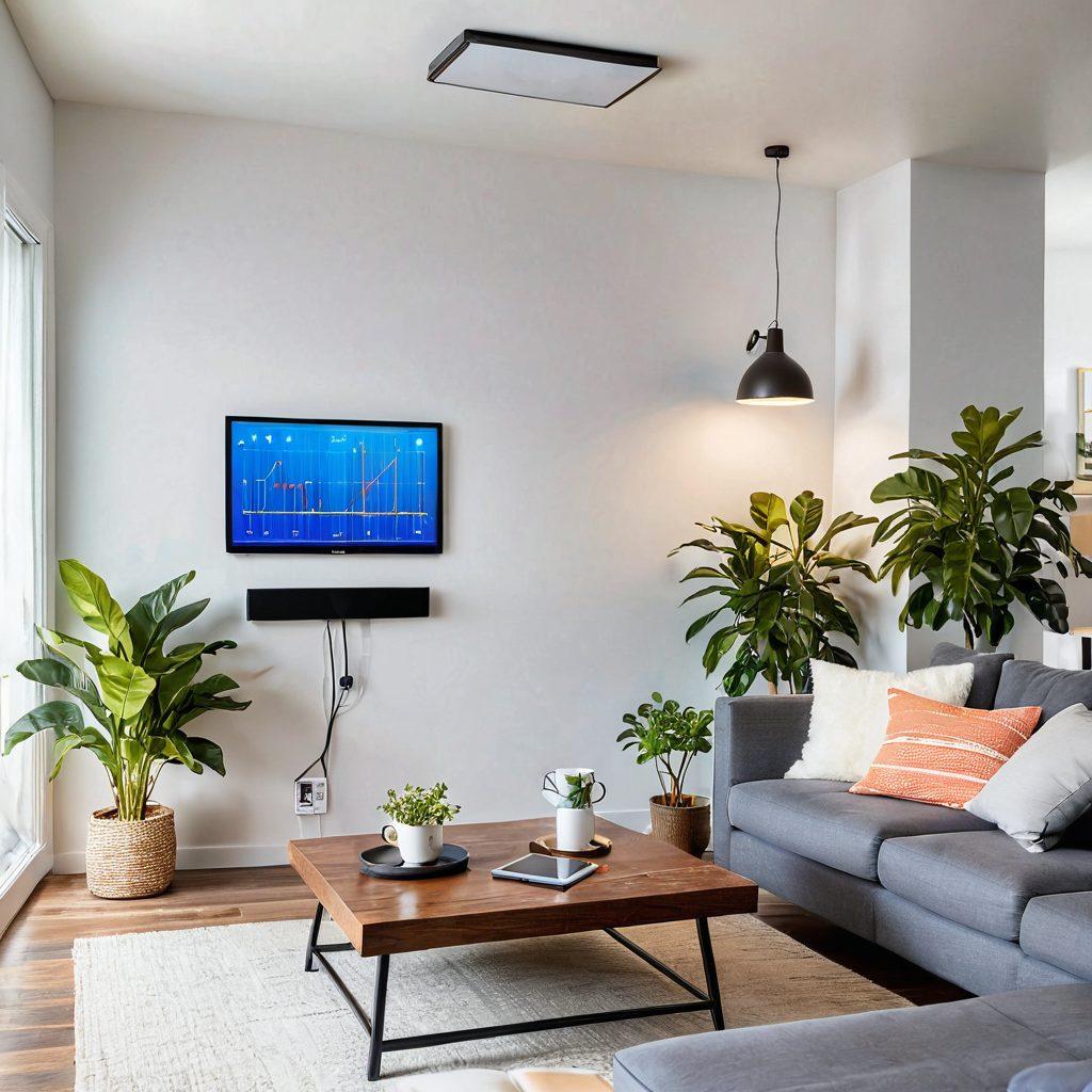 A cozy living room with modern electrical appliances, featuring energy-efficient LED lights illuminating the space. Incorporate a wall-mounted solar panel display and eco-friendly gadgets on a stylish coffee table. Show a knowledgeable expert pointing towards a digital tablet displaying electrical tips. The atmosphere should convey warmth and sustainability. super-realistic. vibrant colors. white background.
